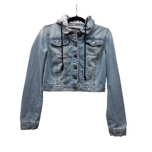 Chocolate USA Juniors Medium Light Wash Hooded Denim Jacket Cropped Distressed